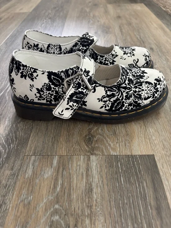 Dr. Martens Black & White Floral Mary Jane Strap Shoes - Picture 2 of 3